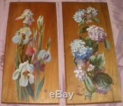 2 Paintings Oil On Wood Art Nouveau Circa 1900 Floral Decoration Iris & Hortensia