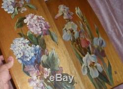 2 Paintings Oil On Wood Art Nouveau Circa 1900 Floral Decoration Iris & Hortensia
