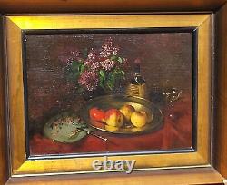 2 Signed Paintings by T. WAGNER Books and Fruits Oil Painting on Wood Panel