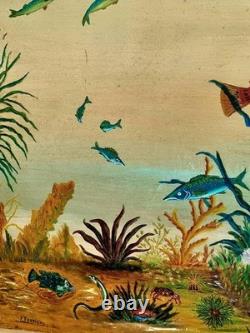 2 oils on panel signed underwater scene Mediterranean fish vintage