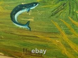 2 oils on panel signed underwater scene Mediterranean fish vintage