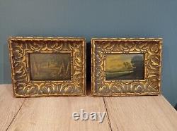 2 old oil paintings on wooden panel landscape