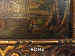 2 old oil paintings on wooden panel landscape