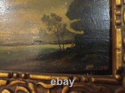 2 old oil paintings on wooden panel landscape