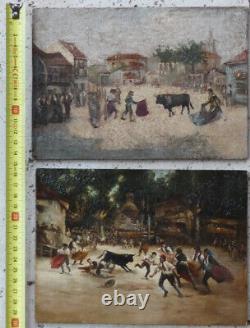 2 paintings of Spanish school 19th century. Village square with bullfighting scene.