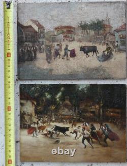 2 paintings of Spanish school 19th century. Village square with bullfighting scene.