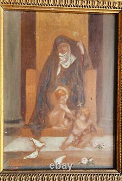 2 religious paintings on wooden panel with golden frame: MATER AMABILIS & MARIA VIRGO