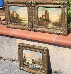 3 Signed Tableaux. Riverbank Landscape Oil Painting on Wood Panel