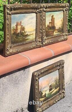 3 Signed Tableaux. Riverbank Landscape Oil Painting on Wood Panel