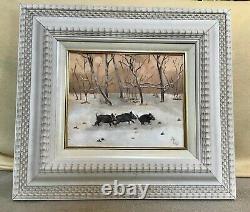 5 Painting Oil On Wood Wild Boar In Winters Wood Frame