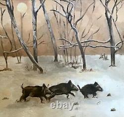 5 Painting Oil On Wood Wild Boar In Winters Wood Frame