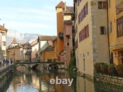 ANNECY the Bridge over the THIOU Oil on wood Signed PAINTING circa 1950 / 1960