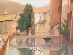 ANNECY the Bridge over the THIOU Oil on wood Signed PAINTING circa 1950 / 1960