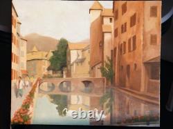 ANNECY the Bridge over the THIOU Oil on wood Signed PAINTING circa 1950 / 1960