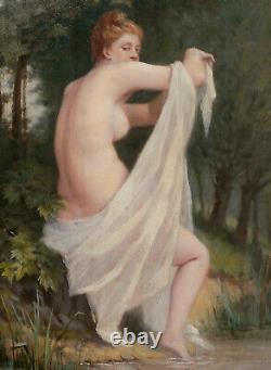 ARMAND painting oil nude female bather nymph forest undergrowth Barbizon 19th