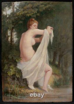 ARMAND painting oil nude female bather nymph forest undergrowth Barbizon 19th