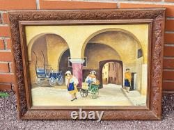 A. BAISSOT. View of a Lively Courtyard. Oil painting on canvas signed