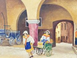 A. BAISSOT. View of a Lively Courtyard. Oil painting on canvas signed