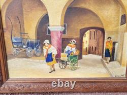 A. BAISSOT. View of a Lively Courtyard. Oil painting on canvas signed