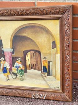 A. BAISSOT. View of a Lively Courtyard. Oil painting on canvas signed