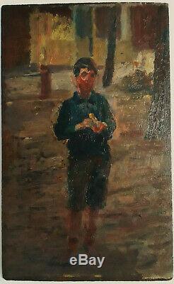 A Boy Banana Rare Old Little Wood Oil Impressionist 1900-1920