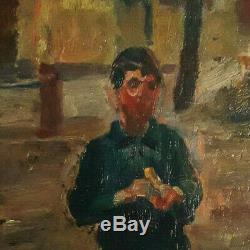 A Boy Banana Rare Old Little Wood Oil Impressionist 1900-1920