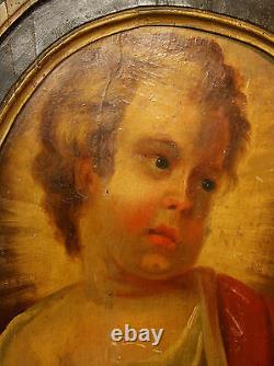 Aa 18th Remarkable Painting On Wood Medallion 58cm Child Jesus Christ God