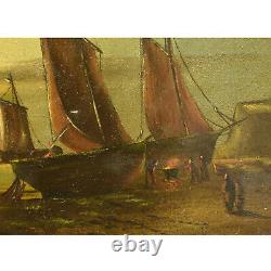 About 1900 Ancient Oil Painting Landscape With Boats 42x34 CM