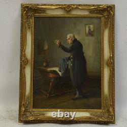 About 1950 Ancient Oil Painting Man Cleaning Glasses 40x32 CM