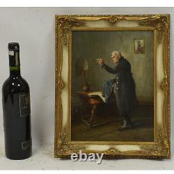 About 1950 Ancient Oil Painting Man Cleaning Glasses 40x32 CM