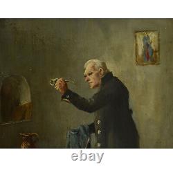 About 1950 Ancient Oil Painting Man Cleaning Glasses 40x32 CM