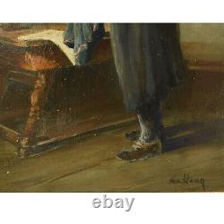 About 1950 Ancient Oil Painting Man Cleaning Glasses 40x32 CM