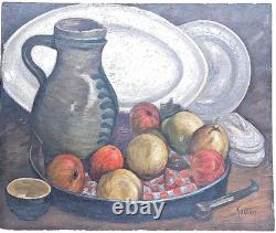 Adrien Godien 1873-1949 still life with fruits and a pipe oil/wood signed