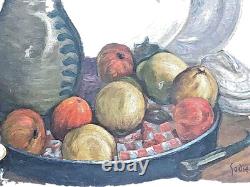 Adrien Godien 1873-1949 still life with fruits and a pipe oil/wood signed