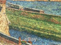 Alphonse Roubichou Painting Hst 1920 Impressionism Ship Wash Seine Edge