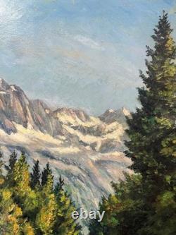 Alpine Landscape with Snow Mountain Painting signed Bizouard circa 1950