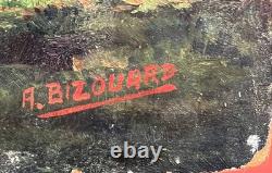 Alpine Landscape with Snow Mountain Painting signed Bizouard circa 1950