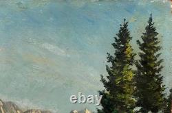 Alpine Landscape with Snow Mountain Painting signed Bizouard circa 1950