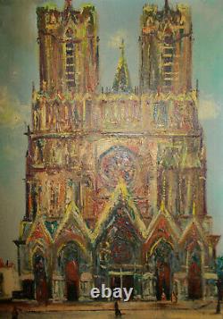 Anciennes Oil S/ Toile Cathedral De Reims Framework Dore Signed F. Ribier