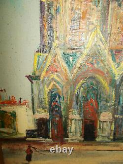 Anciennes Oil S/ Toile Cathedral De Reims Framework Dore Signed F. Ribier