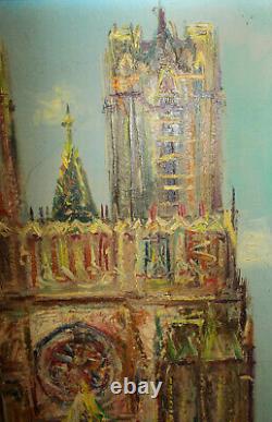 Anciennes Oil S/ Toile Cathedral De Reims Framework Dore Signed F. Ribier