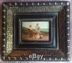 Ancient Impressionist Painting Women And Infant On The Beach Oil Signed Nineteenth