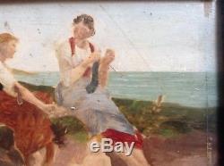 Ancient Impressionist Painting Women And Infant On The Beach Oil Signed Nineteenth