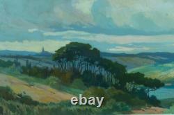 Ancient Landscape Painting of a Panoramic View with Umbrella Pines, Landes River by Pierre Roblin