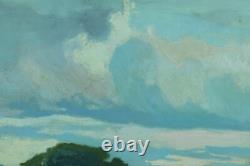 Ancient Landscape Painting of a Panoramic View with Umbrella Pines, Landes River by Pierre Roblin