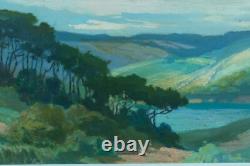 Ancient Landscape Painting of a Panoramic View with Umbrella Pines, Landes River by Pierre Roblin