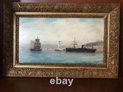 Ancient Marine Table. Oil On Wood. Jeteè Port Of Marseille. Signed Vibert