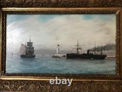 Ancient Marine Table. Oil On Wood. Jeteè Port Of Marseille. Signed Vibert