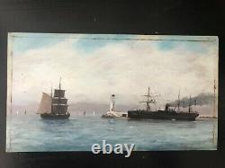 Ancient Marine Table. Oil On Wood. Jeteè Port Of Marseille. Signed Vibert