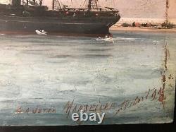 Ancient Marine Table. Oil On Wood. Jeteè Port Of Marseille. Signed Vibert